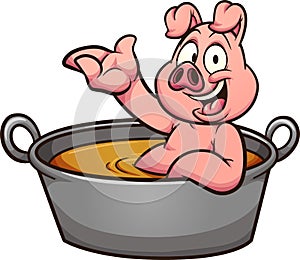 Cartoon pig bathing in a big casserole.