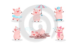 Cartoon Pig Character Vector Set. Piggie Lying in Dirty Puddle, Dancing and Skateboarding photo