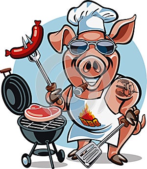 Cartoon pig chef bbq grill cooking