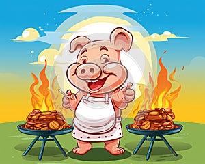 cartoon pig chef bbq grill holding spare ribs.