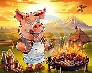 cartoon pig chef bbq grill holding spare ribs.