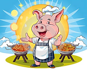 cartoon pig chef bbq grill holding spare ribs.