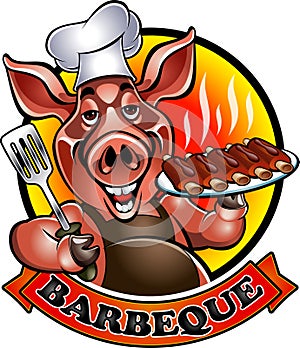 Cartoon pig chef bbq grill holding spare ribs