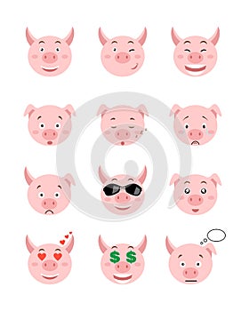 Cartoon pig emotions set. Smiling, bored, enamored, sleepy, sad and other pig`s emotions collection.