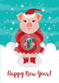 Cartoon pig Happy New Year 2019 greeting card. Funny pig in a red Santa Claus hat holds a gift. Vector isolated