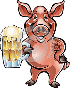 Cartoon pig holding foaming beer in a mug photo