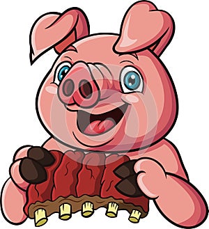 Cartoon pig holding meat ribs