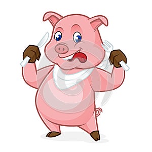 Cartoon pig with knife and fork
