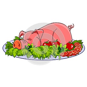 Cartoon pig on a plate with vegetables