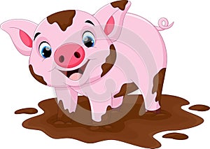 Cartoon pig play in a mud puddle