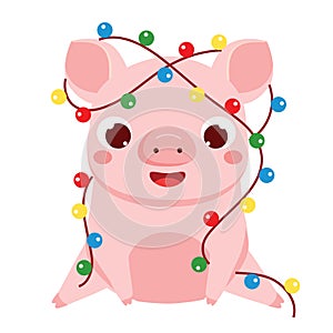 Cartoon pig, symbol of chinese 2019 new year. Cute pig with Christmas lights garland