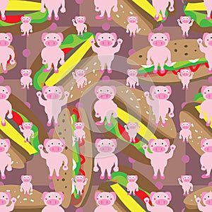 Cartoon pig symmetry fast food seamless pattern