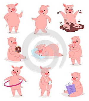 Cartoon pig vector piglet or piggy character and pink piggy-wiggy playing in puddle illustration piggish set of piggery