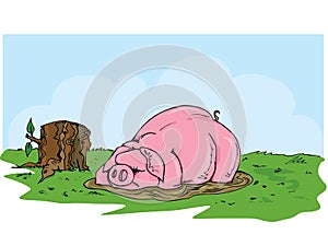 Cartoon pig wallowing in the mud