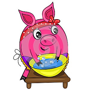 Cartoon pig washing. housewife in kitchen icon