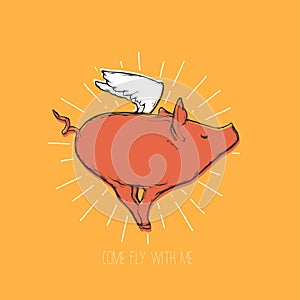 Cartoon pig with wings, flat vector illustration