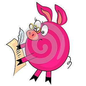 Cartoon pig writing letter. animal image