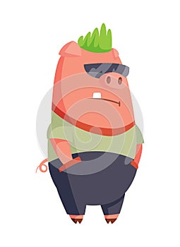 Cartoon pig in youth clothes pank style with green hair and glasses. Illustration for funny kids game. T-shirt vector