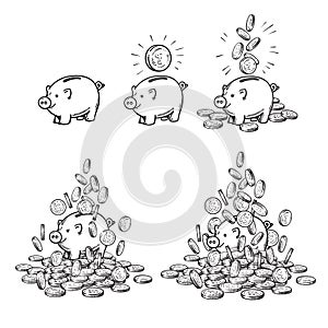 Cartoon piggy bank and coins set. Piggy with one coin, with falling cash, heaped over money. Growing wealth and business