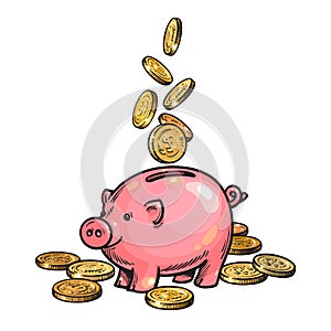 Cartoon piggy bank with falling coins. Vector.