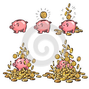 Cartoon piggy bank and gold coins set. Piggy with one coin, with falling cash, heaped over money. Growing wealth and