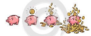 Cartoon piggy bank set. Empty, with one coin, with falling coins, heaped over money. Wealth and success concept. Hand