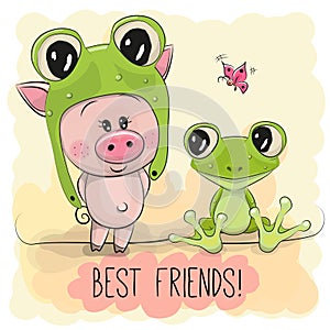 Cartoon Piggy in a froggy hat and frog photo