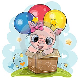 Cartoon Piggy girl in the box with balloons photo