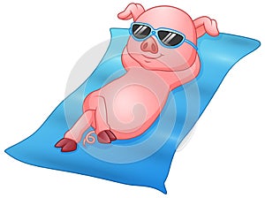 Cartoon piglets sunbathing on beach