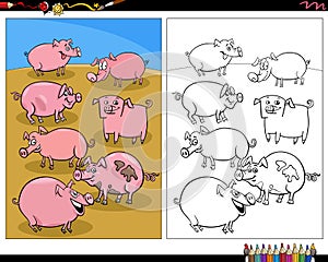 Cartoon pigs farm animal characters coloring page