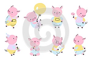 Cartoon pigs, funny hog characters in different poses. Happy pig, adorable isolated active piggy. Farm animal activity