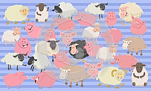 Cartoon pigs and sheep set or paper pack or fabric design
