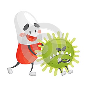 Cartoon pill pushes a microbe in the back. Vector illustration on a white background.