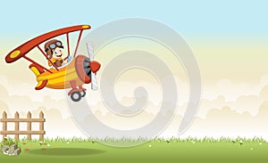 Cartoon pilot boy on a airplane flying