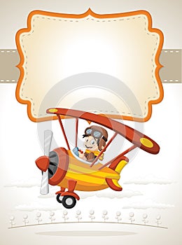 Cartoon pilot boy on a airplane flying