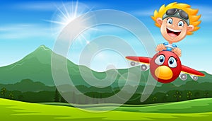 Cartoon pilot boy on a airplane flying over green hill