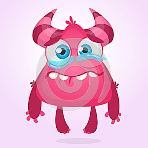 Cartoon pink adorable tiny monster character mascot crying with tear. Vector illustration for Halloween.