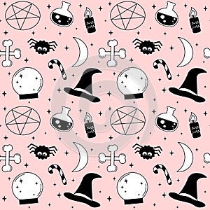 Cartoon pink, black and white holidays seamless vector pattern background illustration with halloween elements: witch hat, spider,