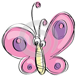 Cartoon pink butterfly with funny face as naive children drawing