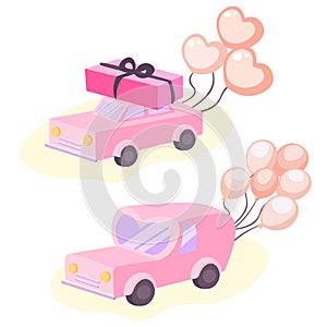 Cartoon pink car delivering gift and balloons. Special delivery service for Valentines day, wedding or birthday.