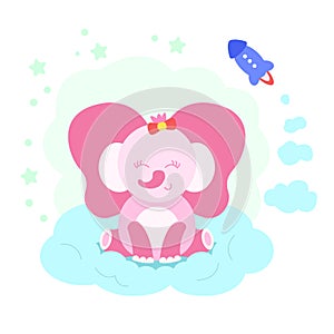 Cartoon pink cute baby elephant with bow sit on blue cloud with fly rocket isolated on white