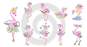 Cartoon pink flamingo. Isolated flamingos birdie, summer clipart with exotic tropical birds. Cute zoo animal print photo