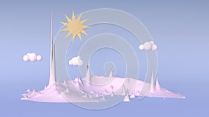 Cartoon pink landscape spike and cloud 3d illustration