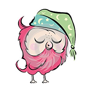 Cartoon pink owl sleeping in flat style. Cute postcard in cartoon style. The design can be used for children`s books