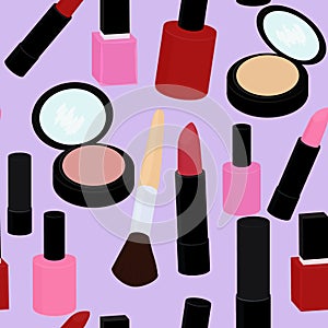 Cartoon pink and red nail polish lipstick seamless vector pattern background