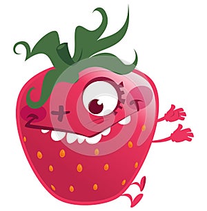 Cartoon pink strawberry fruit character making a crazy face