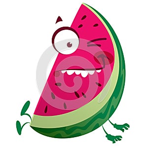 Cartoon pink watermelon fruit character making a crazy face