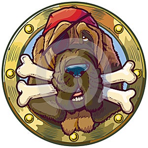Cartoon Pirate Bloodhound Dog with Bones in Porthole