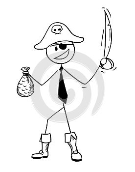 Cartoon of Pirate Businessman With Sabre and Bag of Gold