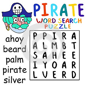 Cartoon pirate captain word search puzzle activity page for kids vector illustration